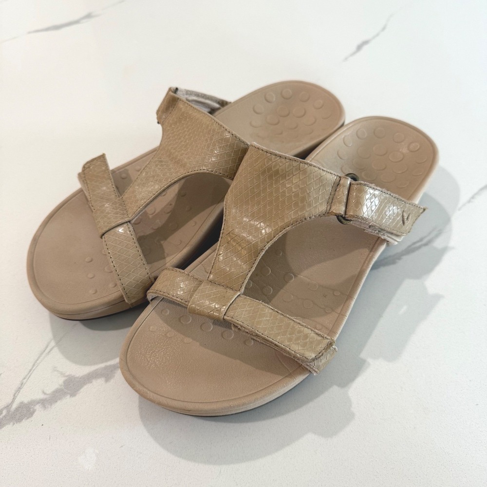 Vionic Ellie Adjustable T‎ Strap Slide Sandals Beige Women's Size 8 Wide Comfort
